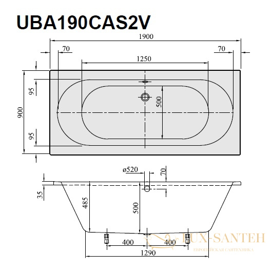 акриловая ванна villeroy & boch o.novo uba190cas2v-01 прямоугольная 190 х 90 см, белый