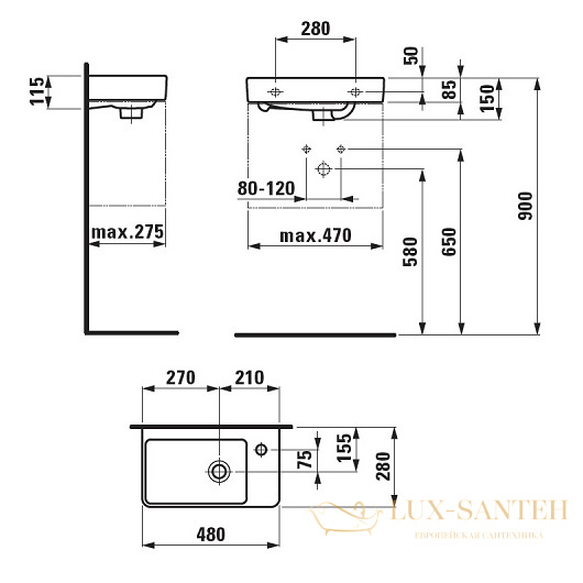 раковина laufen pro a 8.1595.4.000.104.1 480х280 мм, белый 