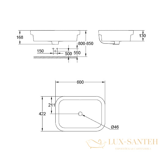 раковина накладная grohe eurocosmo 39124001 600х422 мм, белый