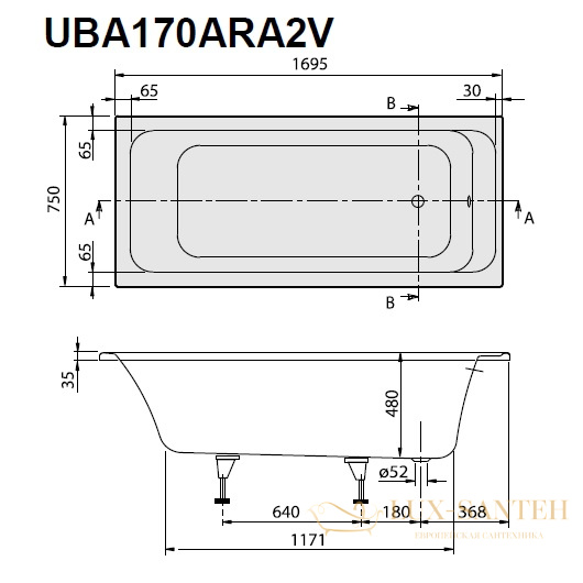 акриловая ванна villeroy & boch omnia architectura uba170ara2v-01 прямоугольная 170 х 75 см, белый