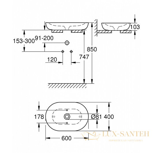 раковина накладная grohe essence 3960800h 600х400 мм, белый