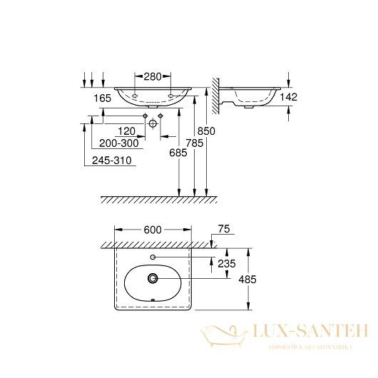 раковина grohe essence 3956500h 600х485 мм, белый