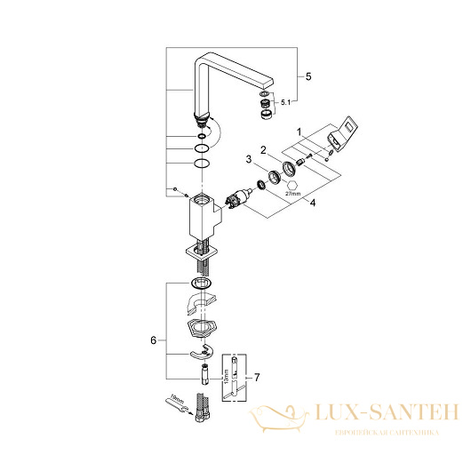 смеситель grohe eurocube 31255000 для мойки, хром