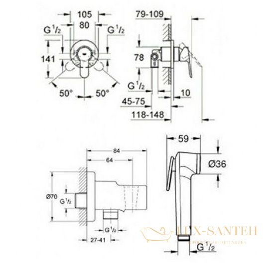 гигиенический комплект grohe bauedge 124897, хром