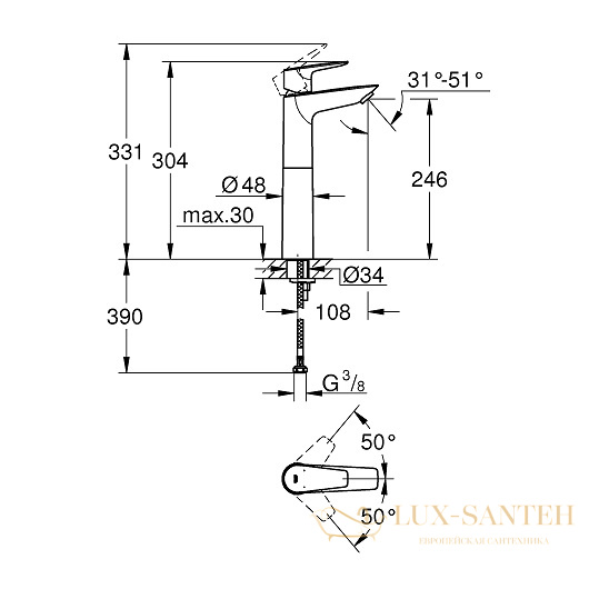 смеситель grohe bauedge 23761001 для раковины, хром