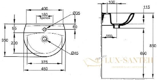 раковина подвесная jacob delafon odeon 45x35 e4152