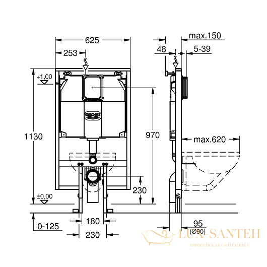 инсталляция для подвесного унитаза grohe rapid sl 38994000 глубина 95мм 