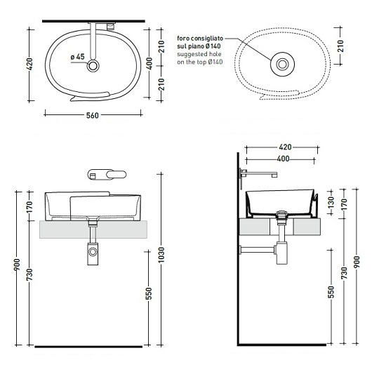 раковина накладная flaminia roll rl56l 560х420х170h мм, белый глянцевый