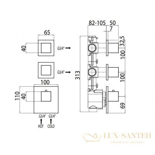 термостат  для душа встраиваемый highflow, bossini cube, z032203.094, на 2-4 потребителя, внешняя часть, никель шлифованный