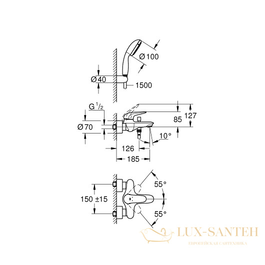 смеситель grohe eurostyle 2372930a для ванны, хром