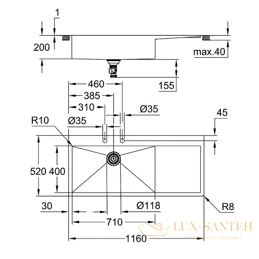 мойка кухонная grohe k1000 31581sd1 1160х520 мм, нержавеющая сталь