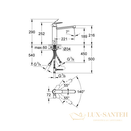 смеситель grohe eurosmart cosmopolitan 30195000 для мойки, хром