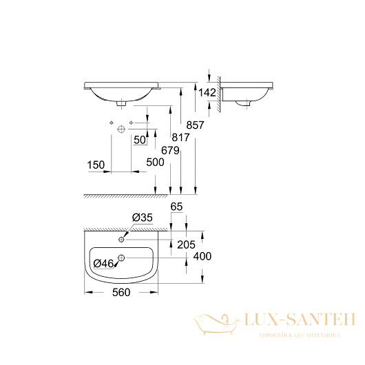 раковина встраиваемая сверху grohe bau ceramic 39422000 560х400 мм, белый