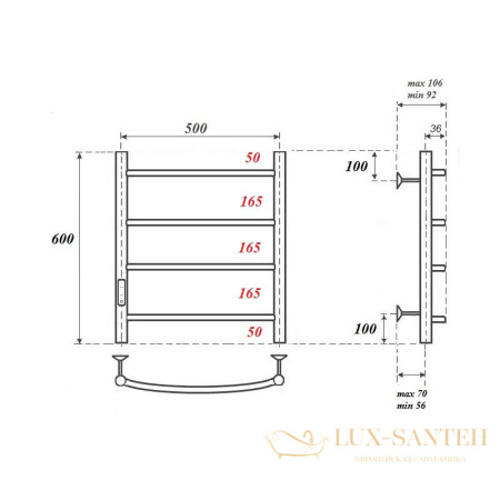 полотенцесушитель 500x600 электрический point афина pn04756 п4 диммер слева, хром