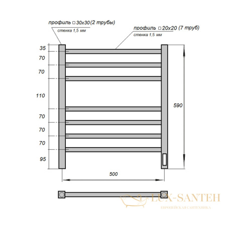 полотенцесушитель 500x600 электрический point вега pn71856b п7, диммер справа, черный