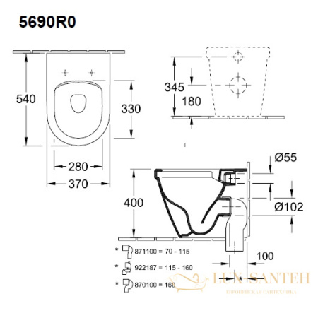 чаша приставного унитаза villeroy & boch architectura 5690 r0 01 без смывного обода, белый