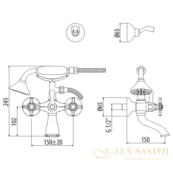 смеситель для ванны gattoni trd, tr501 х 18c0, с душевым комплектом, ручки paris, хром