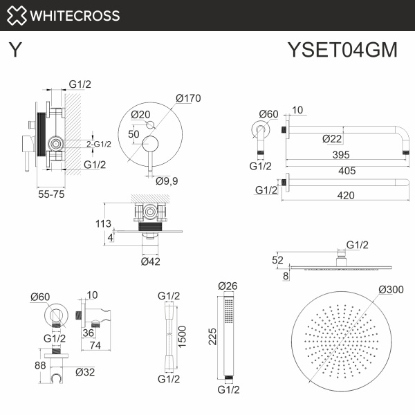 система для душа скрытого монтажа whitecross y yset04gm, оружейная сталь