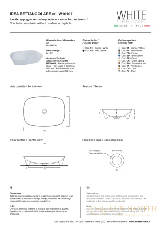 раковина прямоугольная white ceramic idea w1010701 накладная 60x43x13 см, белый глянцевый