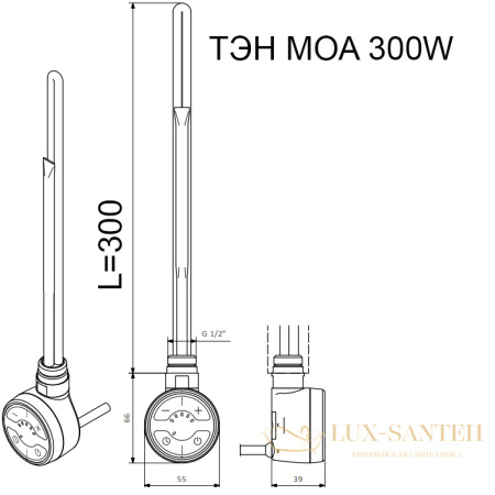 электрический тэн termа moa 300w хром, спиральный кабель с вилкой