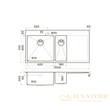 кухонная мойка omoikiri akisame 100-2-lg-l нерж.сталь х светлое золото, 4973089