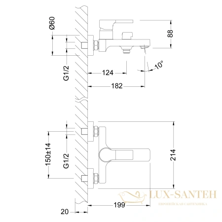 смеситель lemark aura lm0614c для ванны, с коротким изливом, дивертор керамический, хром