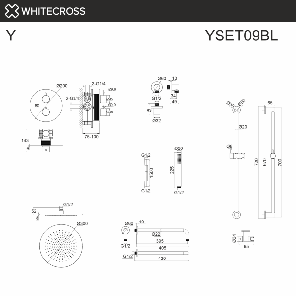 термостатическая душевая система скрытого монтажа whitecross y yset09bl, черный мат