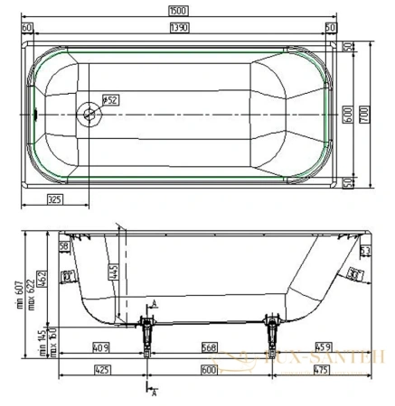 чугунная ванна wotte start 150x70, start 1500x700, цвет белый