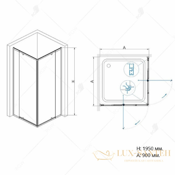 душевой уголок rgw passage 06083899-11 pa-38 90х90, профиль хром, стекло прозрачное