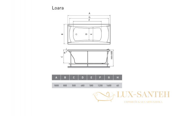 ванна акриловая relisan loara 180x80