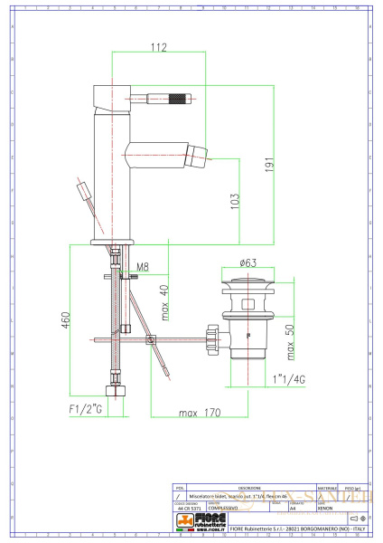 смеситель fiore xenon 44cr5371 для биде с донным клапаном, хром