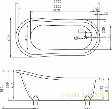 акриловая ванна belbagno bb04 170x80, белый