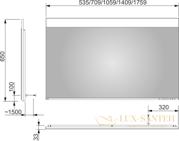 зеркало с подсветкой keuco edition 400, 11596172503, 1410х650х33 мм, к.: алюминий
