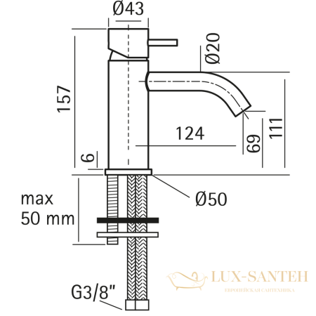 смеситель для раковины, cisal xion, xi000544d1, без донного клапана, нержавеющая сталь