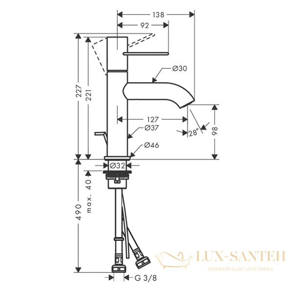 смеситель для раковины 100, axor uno, 38023000, с донным клапаном, хром