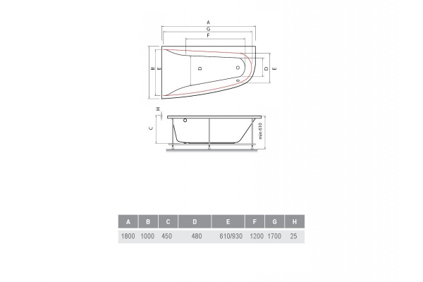 ванна акриловая vayer boomerang (eh) 180x100 l (асимметрич.)