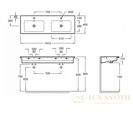 двойная стеклянная раковина jacob delafon vox eb2100-dd2 140*46 см, серый