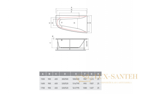 ванна акриловая vayer boomerang (eh) 170x90 r