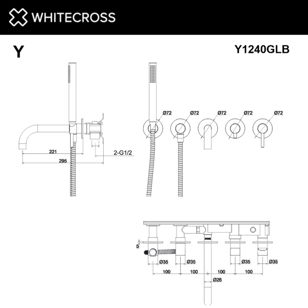 смеситель для ванны скрытого монтажа whitecross y y1240glb, брашированное золото