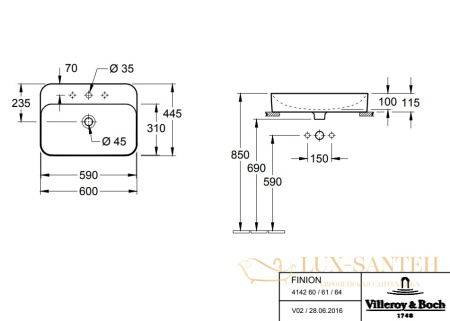 раковина villeroy & boch finion 414264r1 накладная для ванной 60х44.5 см, alpin white ceramicplus