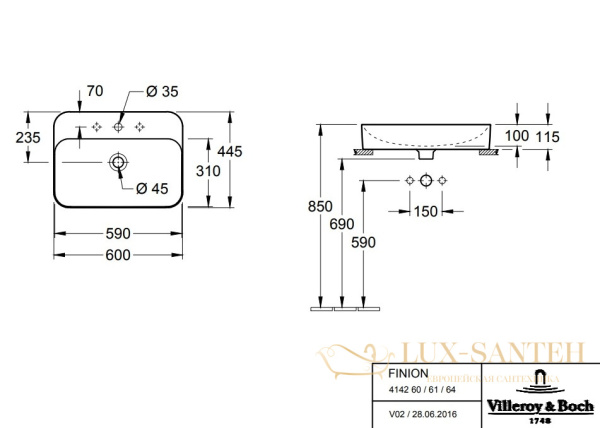 раковина villeroy & boch finion 414264r1 накладная для ванной 60х44.5 см, alpin white ceramicplus