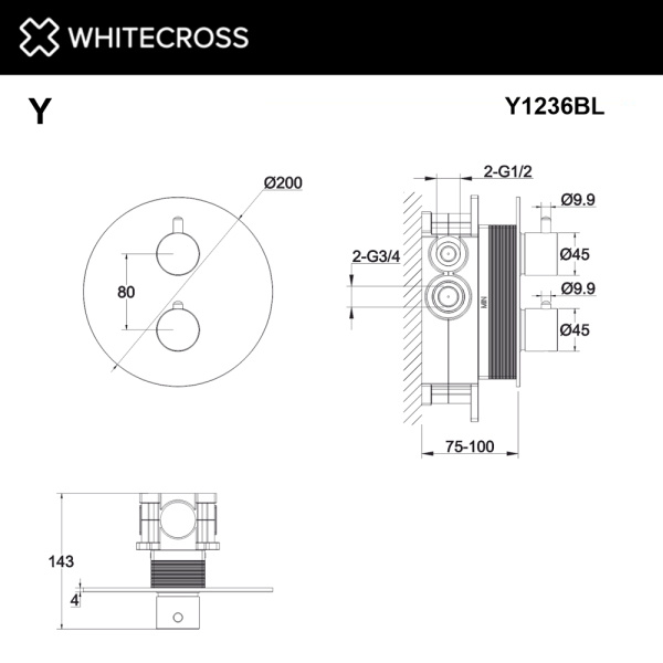 смеситель термостатический для душа скрытого монтажа whitecross y y1236bl, черный мат