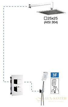 душевой комплект aqg qu 19qutec22602 с термостатом, с квадратным верхним душем 25х25 см и потолочным кронштейном 20 см, хром