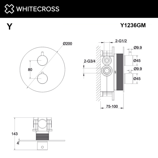 смеситель термостатический для душа скрытого монтажа whitecross y y1236gm, оружейная сталь