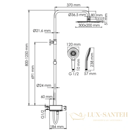 душевая система wasserkraft aller a113.069.101.ch thermo 300х200 мм, хром