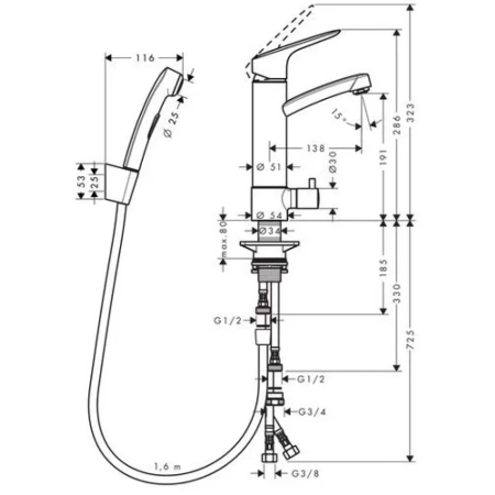 смеситель для раковины с набором для биде hansgrohe logis 31515000, хром