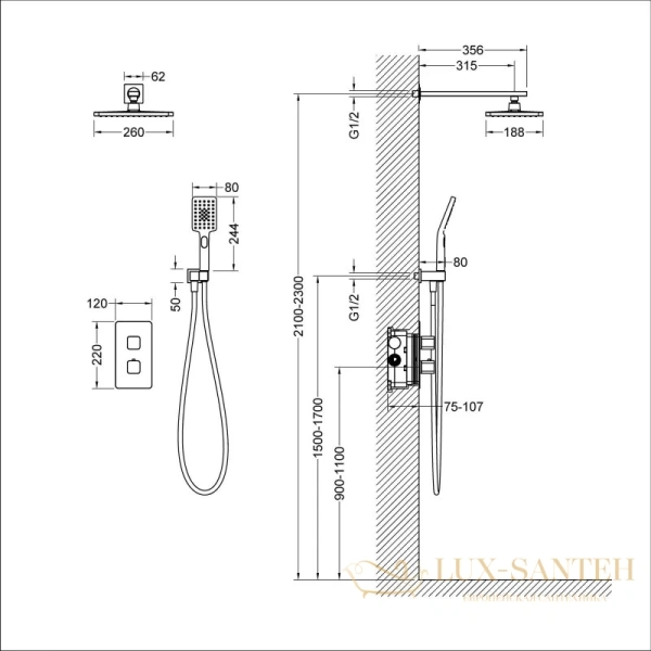 душевой комплект timo petruma sx-5059/17sm 260x188 мм, золотой матовый