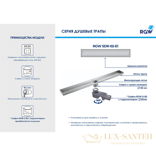 душевой лоток rgw shower drain 21210280-01 с решеткой sdr-02-e1, хром