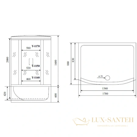 душевая кабина timo standart t-1170 170x88x220 см, стекло тонированное