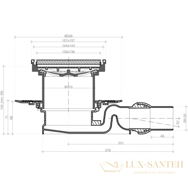 душевой трап bettoserb confluo standard ceramic gold 4 13000122 144x144/50 мм под плитку, золотой